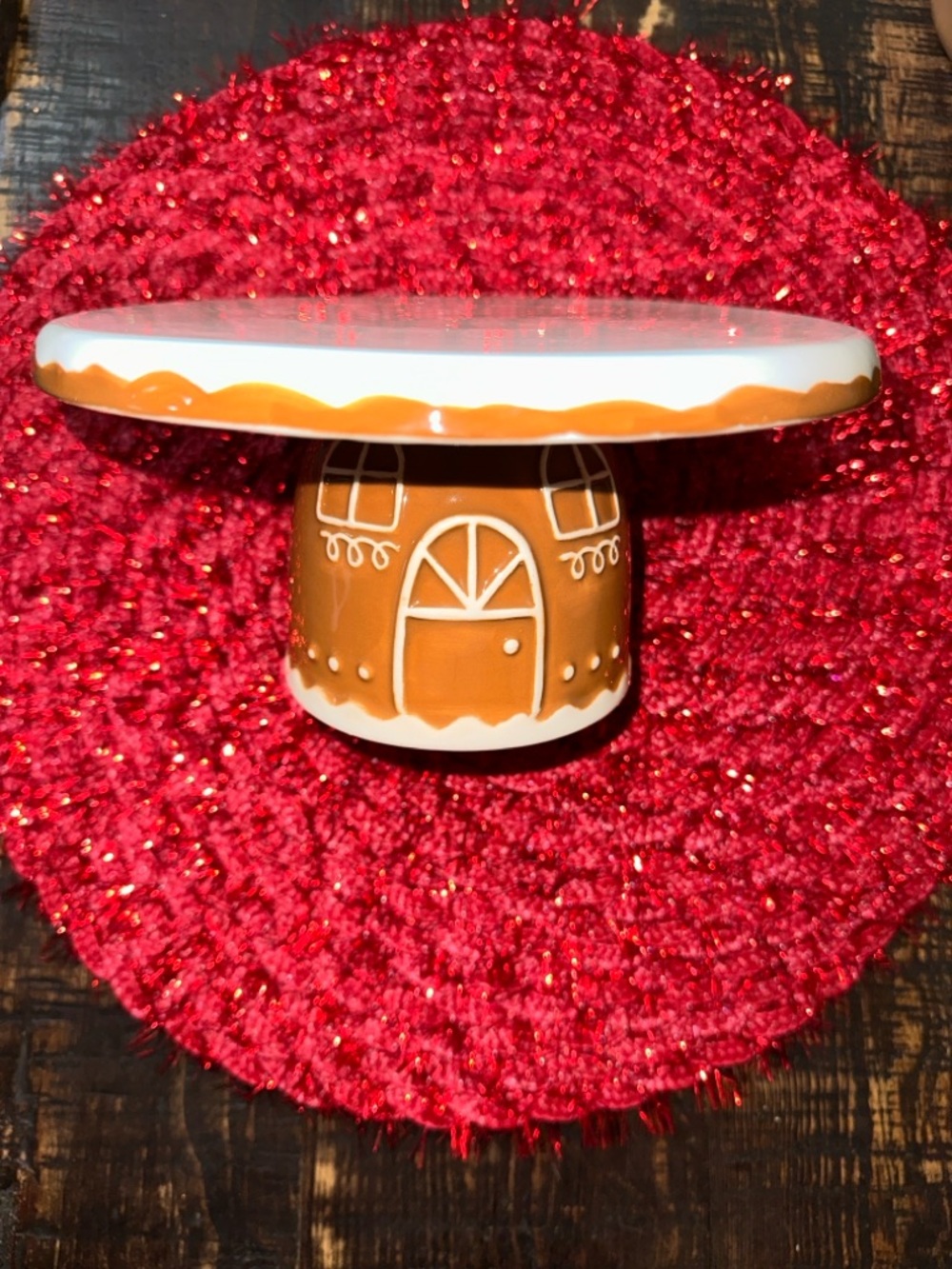 Gingerbread Ceramic Cake Stand - White & Brown Holiday Decor